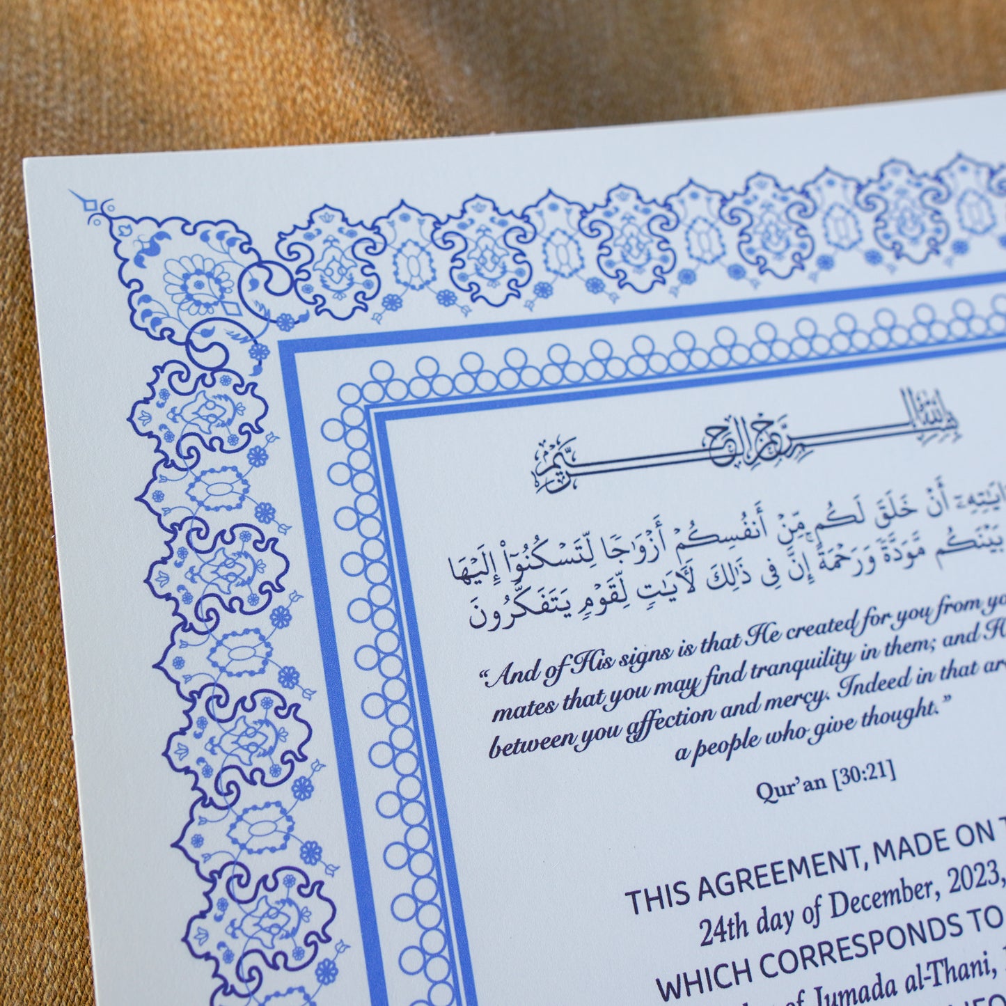 A4 Luxury Nikkah Certificate - Blue