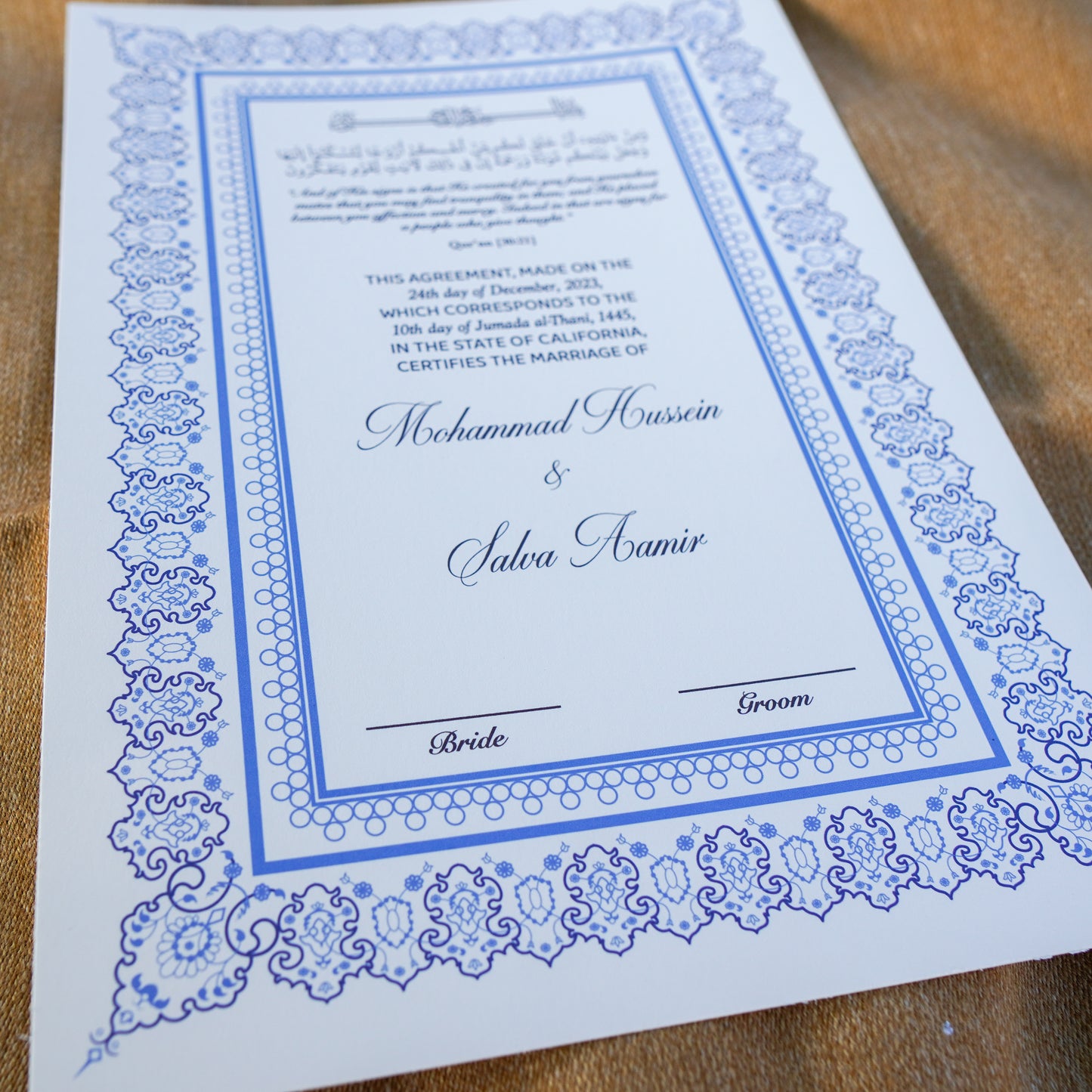 A4 Luxury Nikkah Certificate - Blue